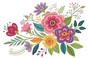 Colorful Flowers in a Decorative Embroidery Design on a White Background