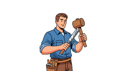 Carpenter holding chisel and mallet