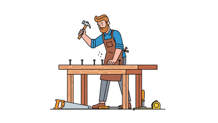 Carpenter hammering nails into a workbench with tools