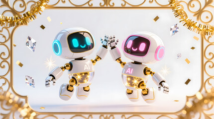 Two cute, stylized AI robots high-five inside a luxurious gold festival frame, symbolizing successful partnership and collaboration.