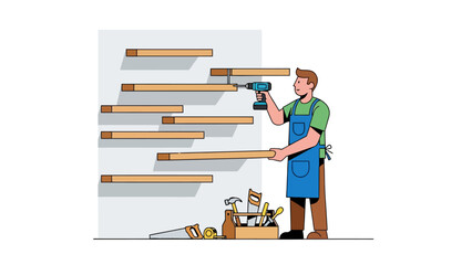 Carpenter installing shelves with a drill and tools