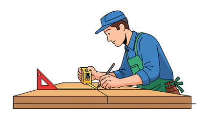 Carpenter measuring wood with a tape measure and pencil