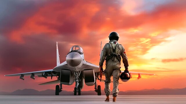 Fighter pilot walking toward jet at sunrise, helmet under arm, cinematic heroism, ultra-realistic tone.