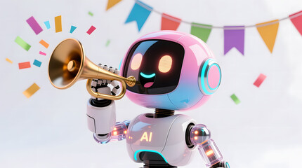 Adorable AI robot with a pink and blue pastel gradient body, joyfully blowing a golden party horn amidst falling confetti and colorful flag garlands.