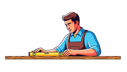 Carpenter using a spirit level on a wooden plank