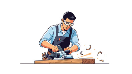 Carpenter using an electric planer on wood
