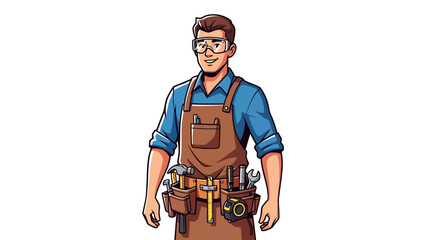 Carpenter with tools on apron and safety glasses