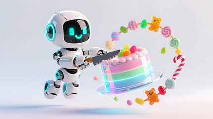 A cute, smiling AI robot cuts a vibrant, holographic pastel cake with a futuristic knife, perfect for a digital birthday party concept.