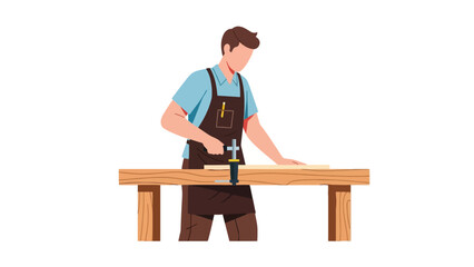 Carpenter working on a workbench with a plank