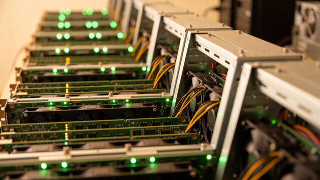 Detailed view of GPU mining rigs in operation, ideal for tech articles or cryptocurrency investment guides. - Powered by Adobe