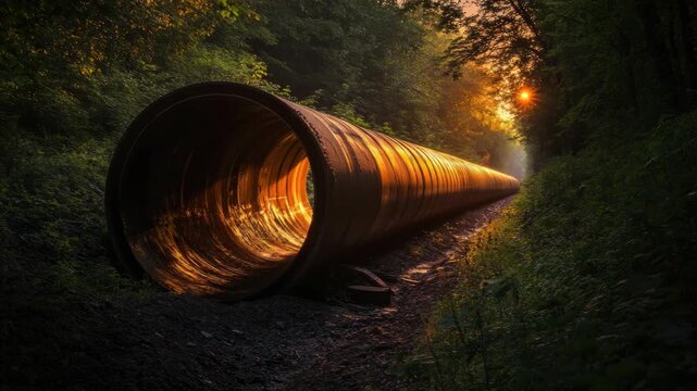 Video A large pipe laid out in the middle of a forest, surrounded by trees and underbrush
