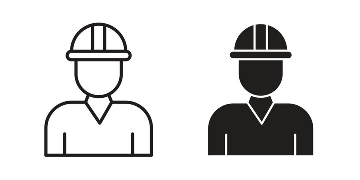 Construction worker icons in black glyph and liner versions for design.