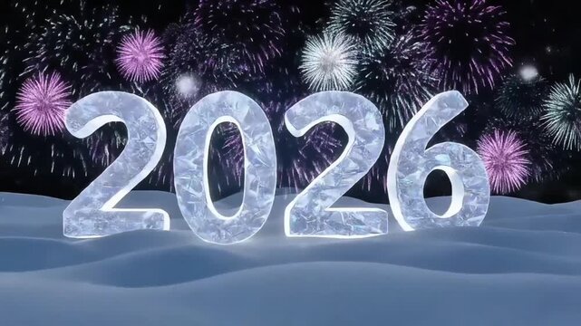 Glowing ice text '2026' on snowy ground with colorful fireworks exploding in the night sky, creating a festive atmosphere.