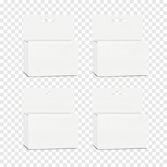 Folding paperboard box with tuck-in flap and various hanging hole slots. Realistic 3d vector mock-up set. White blank carton with header tab hanger. Mockup. Cardboard container. Easy editable template