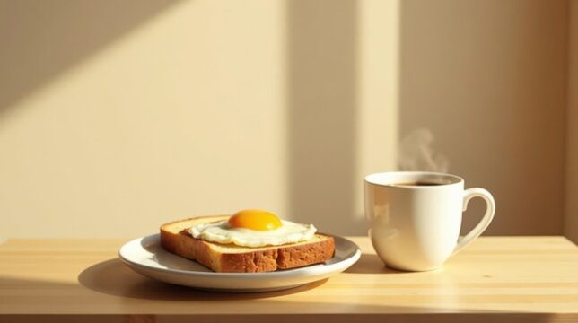 Sunny Morning Breakfast A perfectly fried egg atop golden-brown toast, accompanied by a steaming cup of coffee, creates a simple yet delightful start to the day. - Powered by Adobe