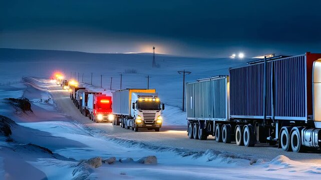 Convoy lights forming serpentine line at night, cinematic composition.
