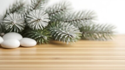 Frosted Evergreen Branches and White Stones on a Light Wood Surface with Bright Clean Background