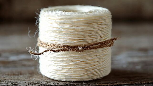 A spool of cream-colored twine tied with a brown string sits on a wooden surface.