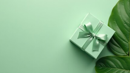 A subtly elegant, pastel green gift box adorned with a matching satin ribbon, resting gracefully on a coordinating background, complemented by lush green foliage.
