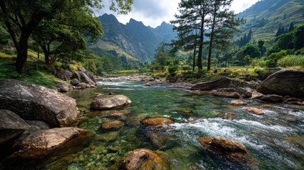 Clear river flows through lush mountains in rural Vietnam, surrounded by rocks and vibrant green trees