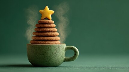 Steaming coffee Christmas tree creation with cookie star on top evokes happy Winter holidays and New Year celebration