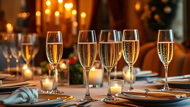 nonessential. Festive dining table with golden spumante and candlelight in luxurious atmosphere. menu design, packaging mockups, designed for food delivery and cloud-kitchen brand materials.