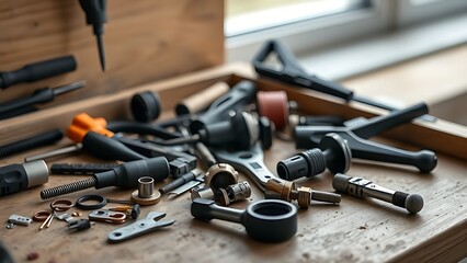 tennessine. Unused small tools and components scattered on a wooden workbench corner. safety posters, maintenance manuals, designed for industrial assembly lines and welding operations.