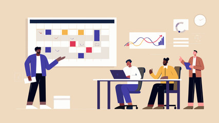 Obraz premium A presentation with a calendar and charts with a group of people in a meeting room setting shown