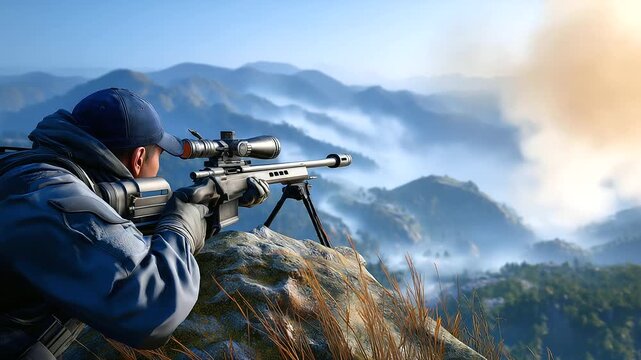 Sniper observing from a high ridge, long-range scope reflection, mountains in mist, ultra-realistic lighting, cinematic tension.
