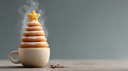 Steaming coffee Christmas tree creation with cookie star on top evokes happy Winter holidays and New Year celebration