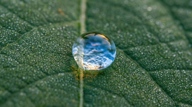 Detailed macro shot of a single dew drop on a green leaf, reflecting the morning sky, symbol of freshness