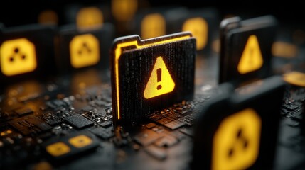 Digital document alert showcasing cyber threats and vulnerabilities on computer chips and causing data loss from malware