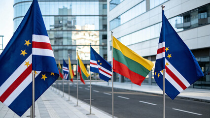 A vibrant display of flags from different countries in a bustling urban environment, ideal for travel brochures or cultural events.