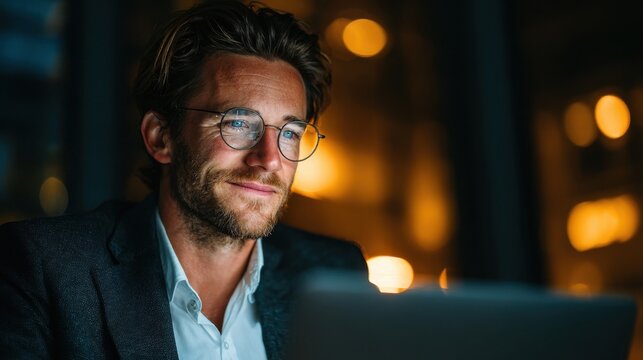 Businessman uses laptop translation app for language education and enhances multilingual skills through digital learning technology - Powered by Adobe