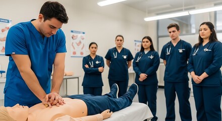 Medical students practice CPR on a dummy while instructors observe in a classroom setting.