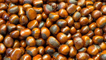 A large pile of glossy brown chestnuts with some visible scoring or roasting marks, filling the frame for a full-texture background.