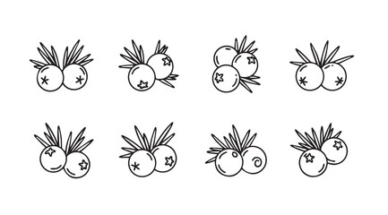 Set of eight sketchy blueberry clusters with twigs and leaves isolated on vector