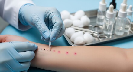 Doctor performing allergy skin prick test on a patient's arm to identify allergens.