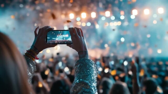 女性がスマホで夜のライブの一瞬を撮影する場面