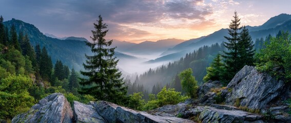 Sunrise over misty mountains and lush forest in a serene landscape