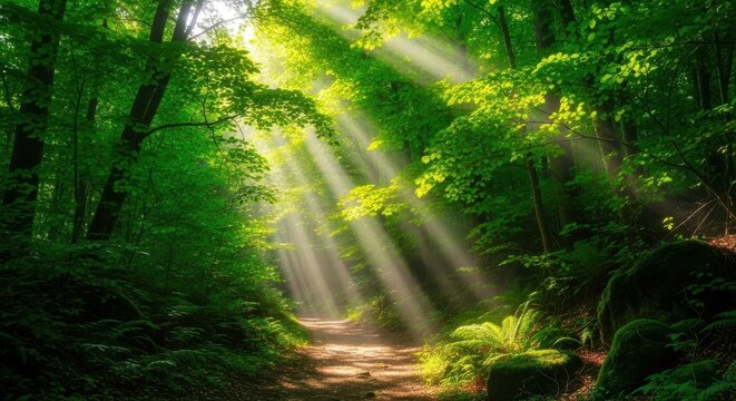 Sunbeams through lush green forest canopy path