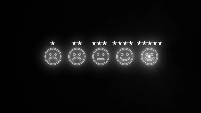 Neon rating system with sad neutral and happy emoticons and stars on black background customer feedback concept