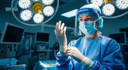 A surgeon in full surgical attire, including mask, face shield, and gloves, prepares for an operation in a brightly lit operating room.