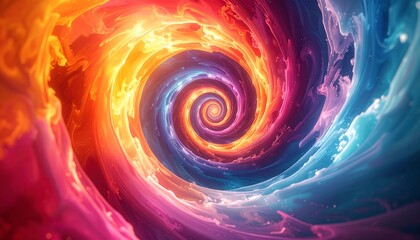 Abstract swirling vortex of vibrant colors, warm hues on one side blending into cool tones on the other