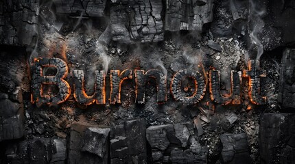 Dramatic glowing embers spell burnout over dark charred wood texture symbolizing stress and exhaustion