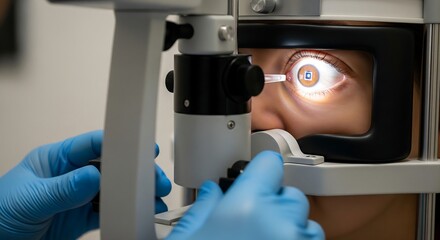 Close-up of an ophthalmologist examining a patient's eye with a slit lamp microscope.