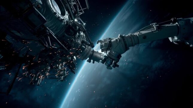 Robotic Arm Technology Repairing Space Station Above Earth