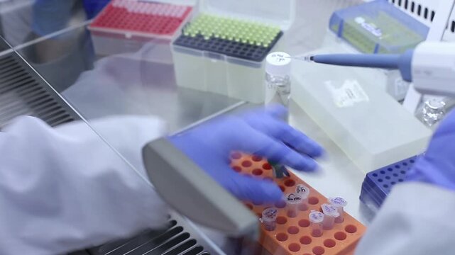 Dosing and adding enzymes into small PCR tubes using an automated dispenser. A scientist prepares the PCR reaction mixture.