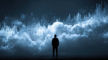 Person holds digital cloud with chart bars, representing data analysis and cloud computing in business intelligence, technology and connecting information