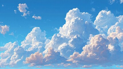 Sunny day showing many white fluffy clouds filling up most of the bright blue sky, peaceful and calming weather in summertime